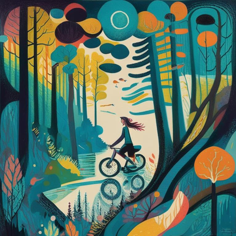 девушка на велосипеде едет по красивому лесу к морю