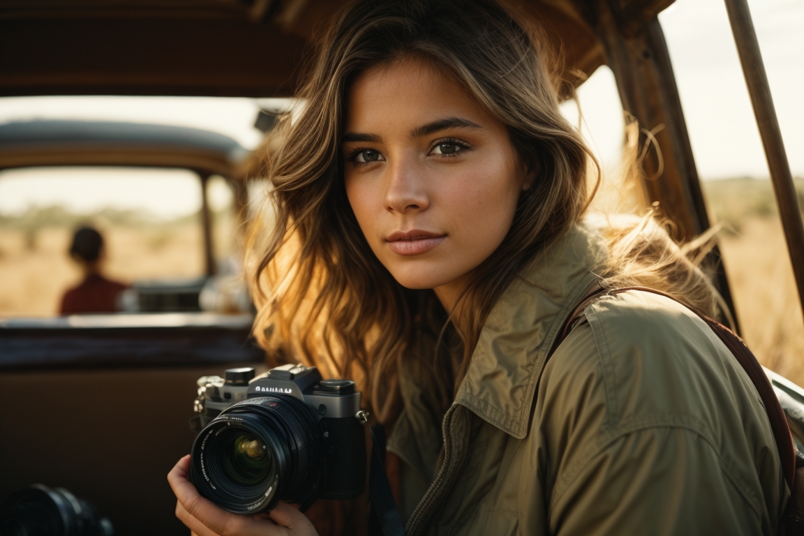 Девушка с фотоаппаратом на сафари